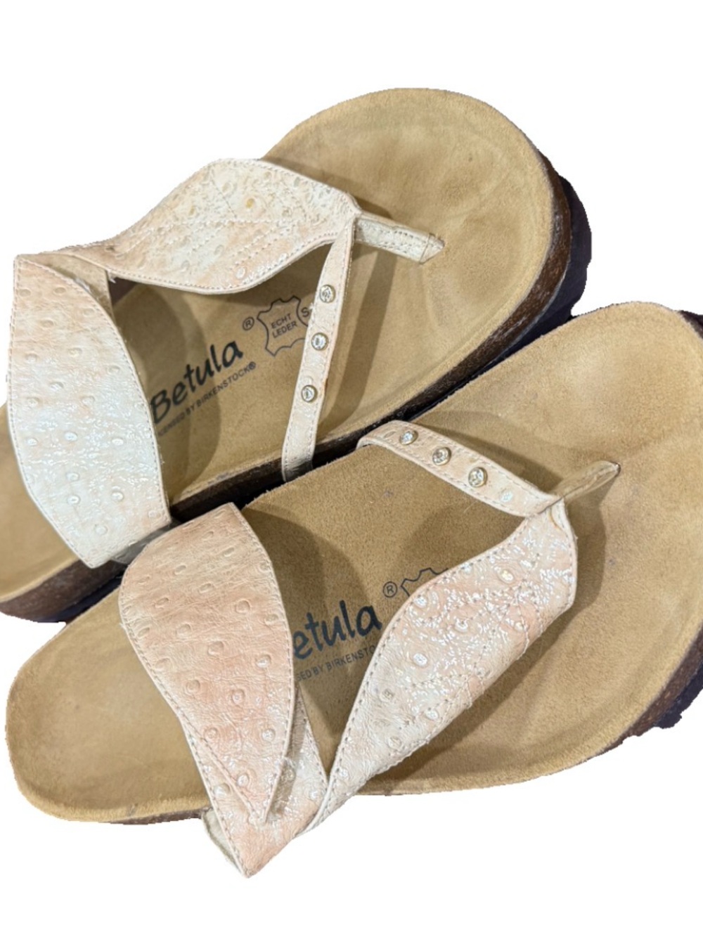BETULA BY BIRKENSTOCK BOMBAY LEAF EMBELLISHED THONG SANDALS BEIGE METALLIC WOMEN